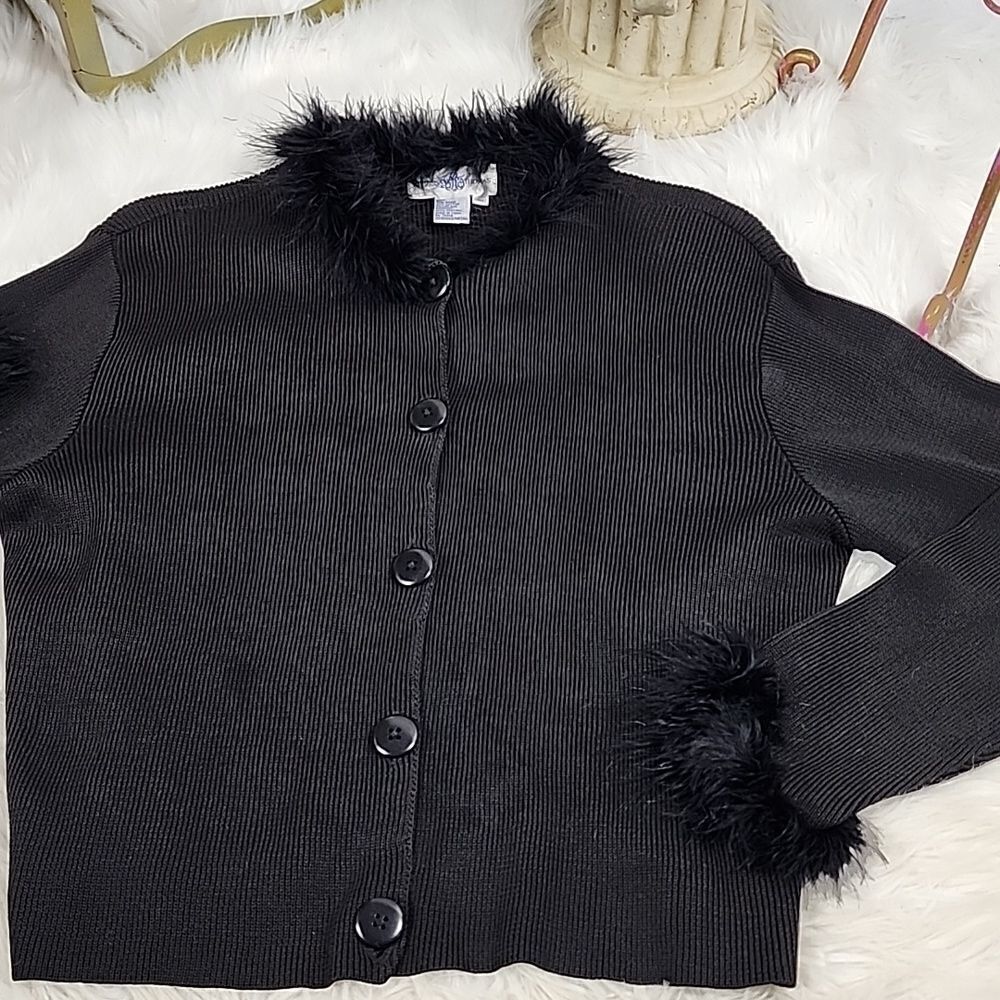 Feather Trimmed Black Knit Long Sleeved Button Cardigan Holiday Glamorati
